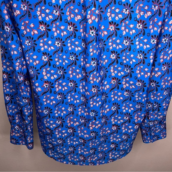 XS J Crew Blue Long Sleeve Blouse Vneck Red White Floral Boho Bohemian Colorful - Picture 9 of 13
